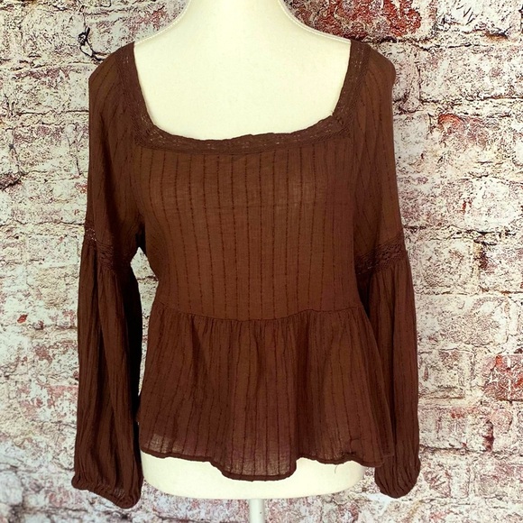 Versona Boho Brown Peplum Top | Square Neck & Low Back- Long Sleeve| Size L‎ - Picture 1 of 8